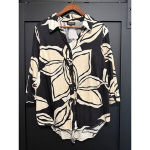 Rachel Zoe Black & Cream Oversized Floral Linen Blend Button Down Top 1X